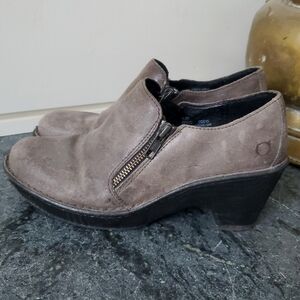 Born Elliott Leather Zipper Clogs, Taupe Beige Suede Elliot Heeled Wedge Mules
